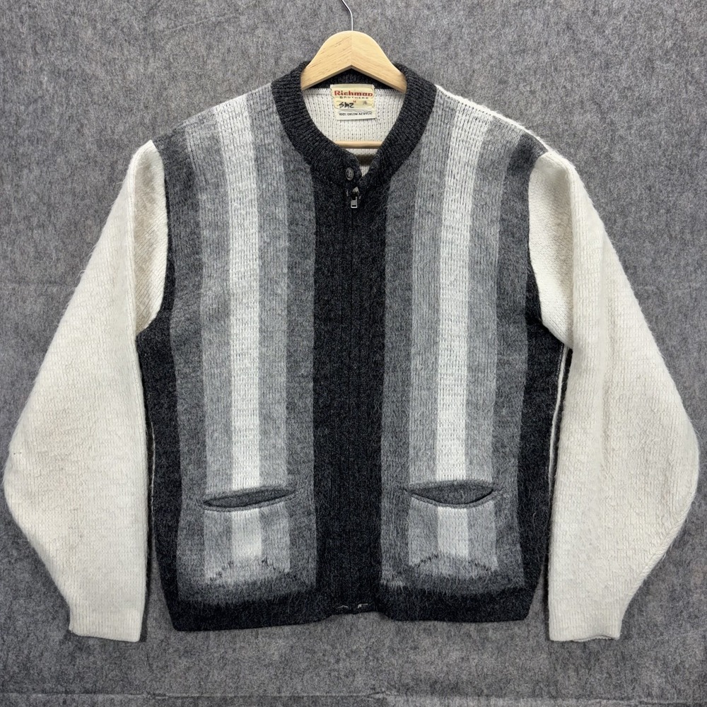 Richman Brothers Full Zip Sweater Orlon Acrylic Faux Mohair Fuzzy 60s Mod Stripe